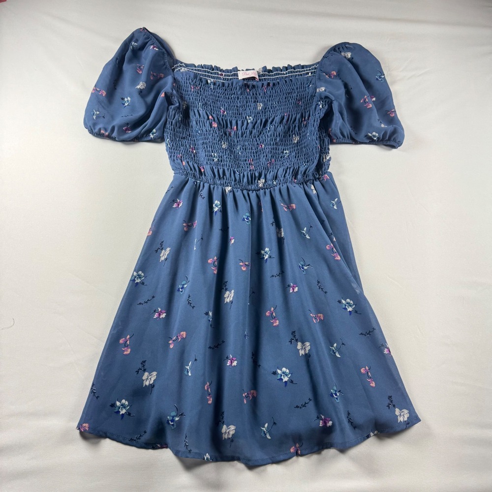 Pink Lily Blue Floral Smocked‎ Puff Sleeve Romper Dress Large BD90718PK
